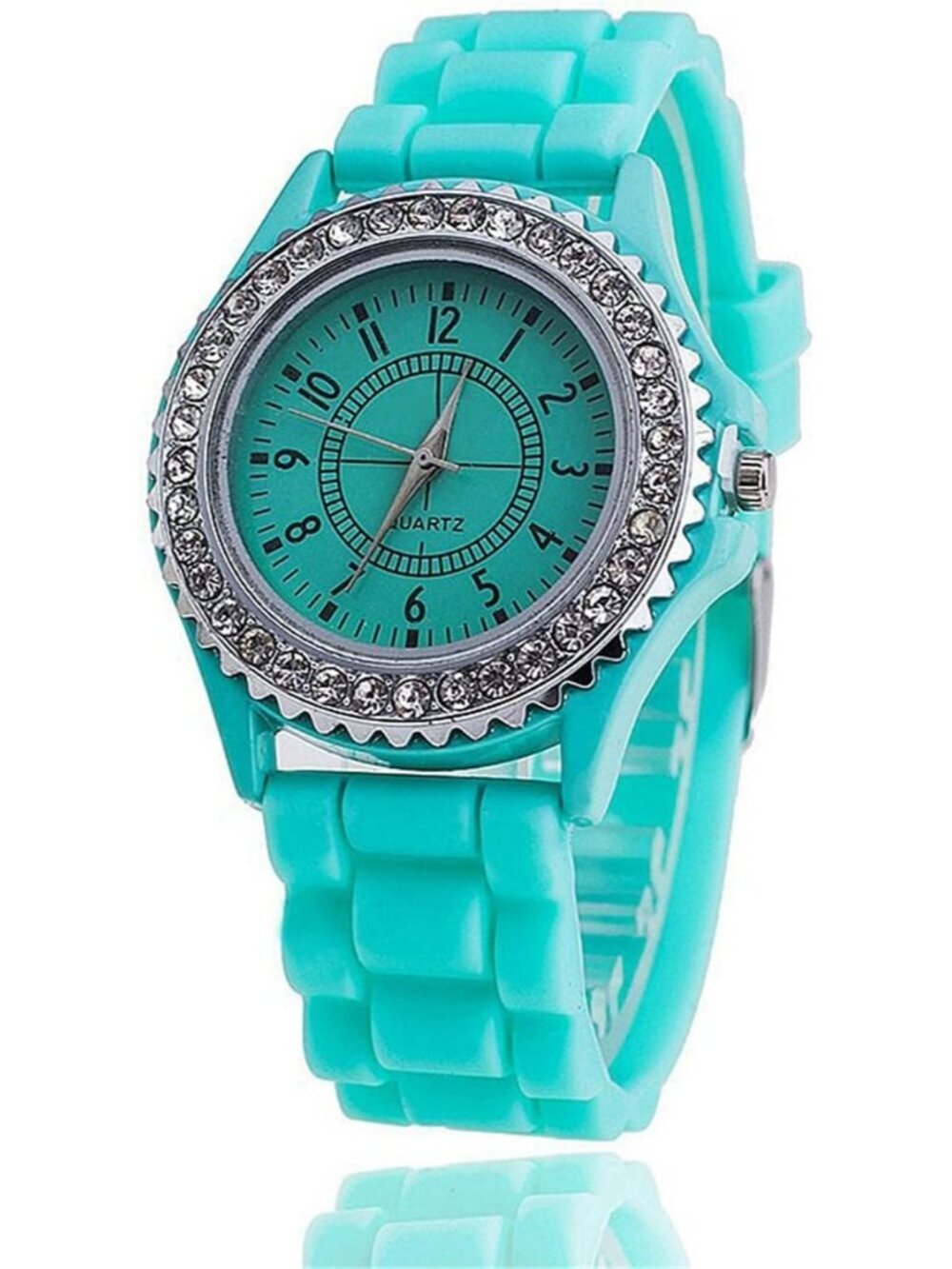 Women Mint Green Analog Quartz Silicone Band Lady Digital Rhinestone Wrist Watch